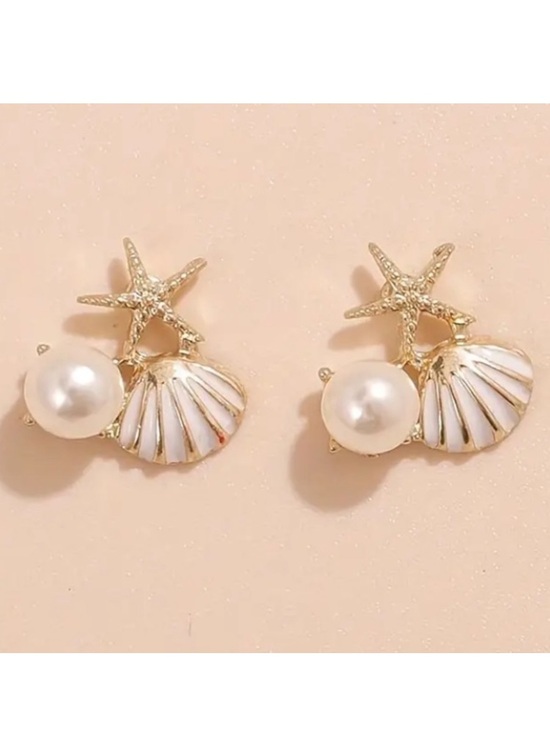 Jewelry - Pearl White Enamel Seashell with Textured Starfish Gold Toned Stud Earrings